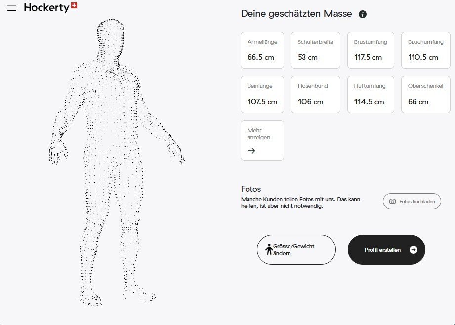 Digitales Körperprofil von Hockerty mit dreizehn geschätzten Maßen